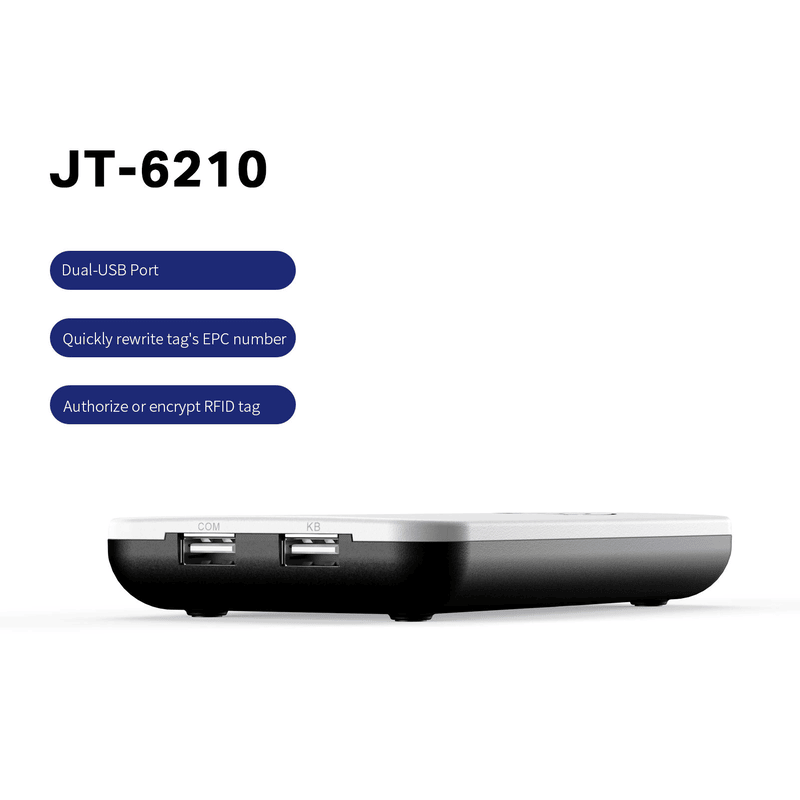 ภาพที่ 4: ภาพนี้แสดงเครื่องอ่านเขียนบัตร UHF RFID แบบตั้งโต๊ะผ่าน USB JT-6210 119mm 104mm 28mm โดยเน้นขนาดและสัดส่วนที่ระบุชัดเจน.