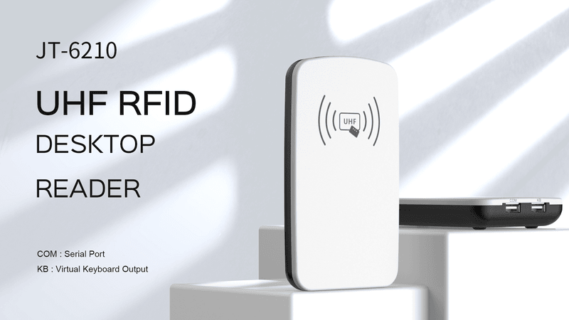 ภาพที่ 11: ภาพนี้แสดงเครื่องอ่านเขียนบัตร UHF RFID แบบตั้งโต๊ะผ่าน USB JT-6210 โดยเน้นรูปทรง พื้นผิว และรายละเอียดผลิตภัณฑ์ตามภาพ สำหรับการจัดการหนังสือและเอกสาร.