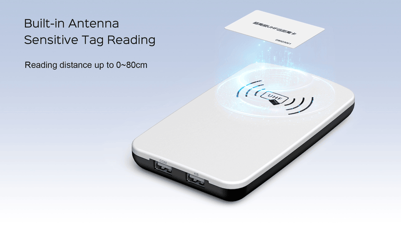 ภาพที่ 10: ภาพนี้แสดงเครื่องอ่านเขียนบัตร UHF RFID แบบตั้งโต๊ะผ่าน USB JT-6210 โดยเน้นสีขาว การทำงานรวดเร็ว และระบบบาร์โค้ดหรือ QR สำหรับสแกน ระหว่างการใช้งานจริง สำหรับงานค้าปลีกและจุดชำระเงิน และการระบุและจัดการสินค้าเครื่องประดับ.