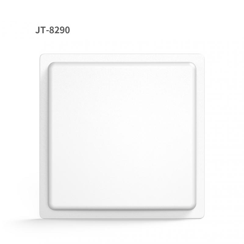 ภาพที่ 2: ภาพด้านหน้าของเครื่องอ่าน UHF RFID ระยะไกล IP65 สำหรับลานจอดรถ JT-8290 โดยเน้นสีขาว โครงสร้างกันน้ำและฝุ่น และโครงสร้างแข็งแรงทนทาน สำหรับงานอุตสาหกรรมและสายการผลิต.