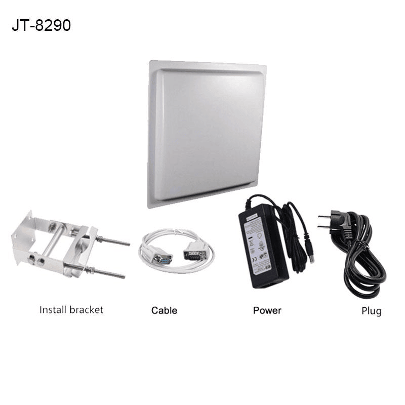 ภาพที่ 5: ภาพระยะใกล้ของเครื่องอ่าน UHF RFID ระยะไกล IP65 สำหรับลานจอดรถ JT-8290 โดยเน้นโลหะ.