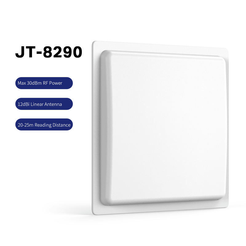 ภาพที่ 8: ภาพนี้แสดงเครื่องอ่าน UHF RFID ระยะไกล IP65 สำหรับลานจอดรถ JT-8290 โดยเน้นระยะอ่านไกล ในลักษณะติดตั้งกับชิ้นงาน สำหรับการควบคุมการเข้าออก.