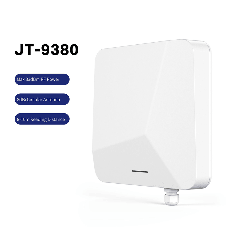 ภาพที่ 2: ภาพด้านหน้าของเครื่องอ่าน UHF RFID ขายส่งสำหรับติดตามทรัพย์สิน JT-9380 โดยเน้นสีขาว โครงสร้างกันน้ำและฝุ่น ขนาดกะทัดรัด และรูปทรงเรขาคณิตที่เห็นชัด.