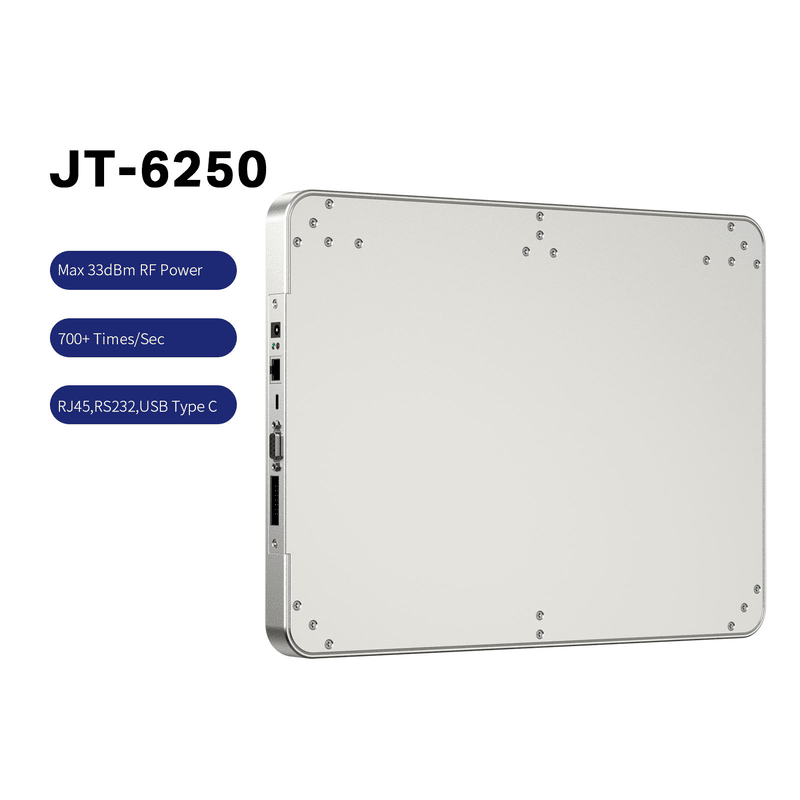 ภาพที่ 4: ภาพนี้แสดงเครื่องอ่าน UHF RFID ตั้งโต๊ะสำหรับ POS สแกนสินค้าหลายชิ้น JT-6250 1 โดยเน้นรูปทรง พื้นผิว และรายละเอียดผลิตภัณฑ์ตามภาพ สำหรับการติดตามและจัดการสินค้าหรือทรัพย์สิน และงานค้าปลีกและจุดชำระเงิน.