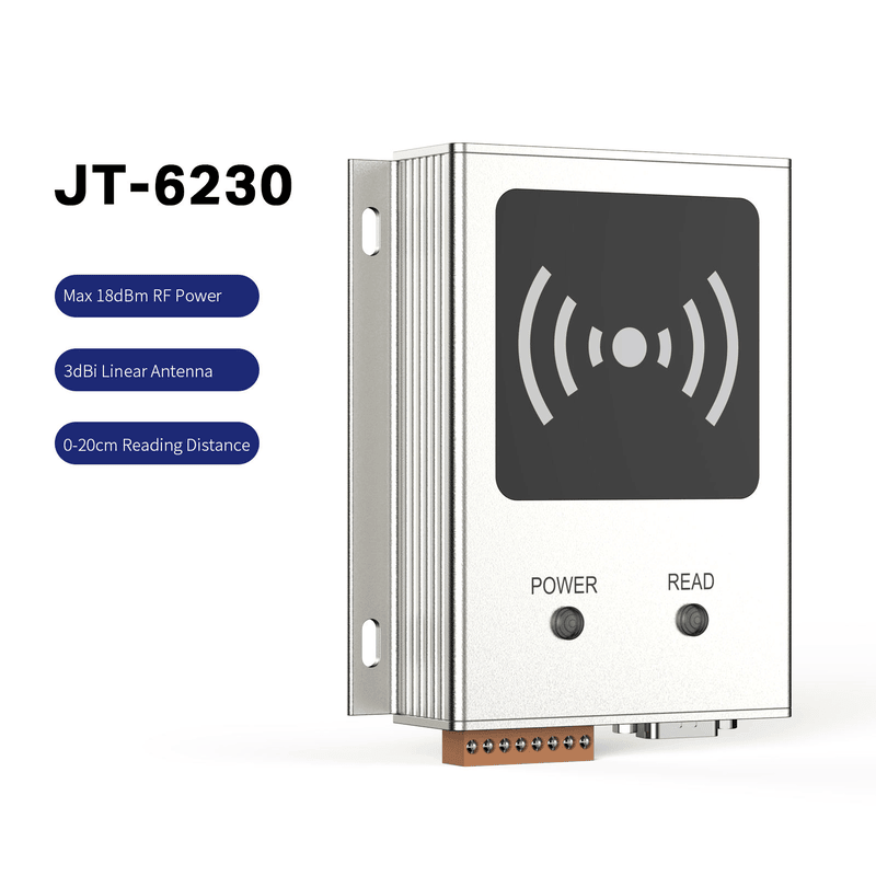 ภาพที่ 2: ภาพนี้แสดงเครื่องอ่าน UHF ตั้งโต๊ะระยะใกล้สำหรับห้องสมุด JT-6230 RFID โดยเน้นโลหะ โครงสร้างแข็งแรงทนทาน โครงสร้างเสาอากาศและชิปภายใน และรูปทรงเรขาคณิตที่เห็นชัด.