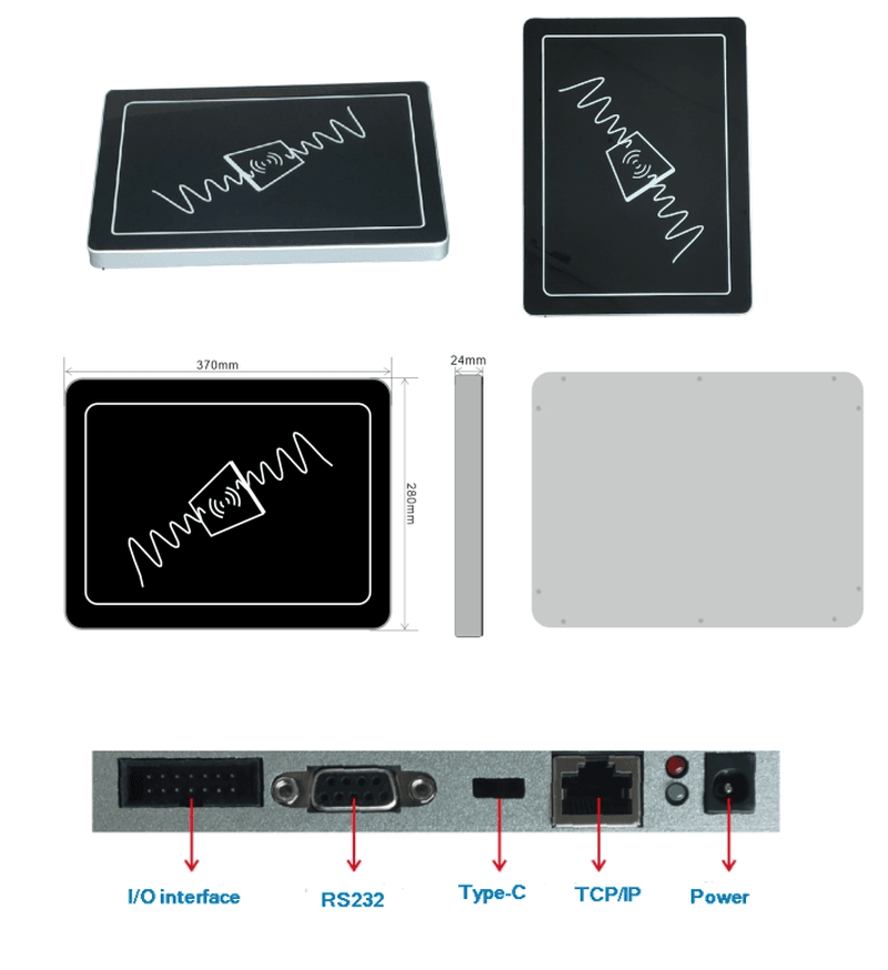 ภาพที่ 7: ภาพนี้แสดงเครื่องอ่าน UHF RFID ตั้งโต๊ะสำหรับ POS สแกนสินค้าหลายชิ้น JT-6250 370x240x24mm โดยเน้นขนาดและสัดส่วนที่ระบุชัดเจน.