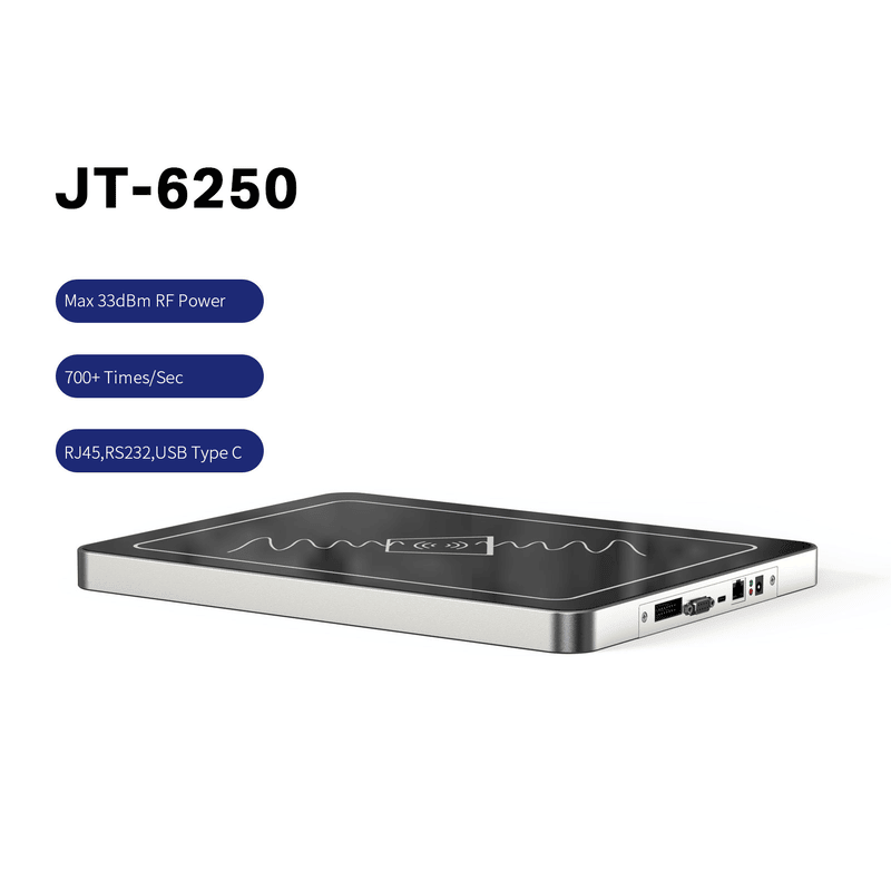 ภาพที่ 6: ภาพนี้แสดงเครื่องอ่าน UHF RFID ตั้งโต๊ะสำหรับ POS สแกนสินค้าหลายชิ้น JT-6250 24mm โดยเน้นรูปทรงบาง และขนาดและสัดส่วนที่ระบุชัดเจน.