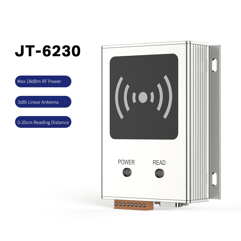 ภาพที่ 3: ภาพนี้แสดงเครื่องอ่าน UHF ตั้งโต๊ะระยะใกล้สำหรับห้องสมุด JT-6230 RFID โดยเน้นรูปทรง พื้นผิว และรายละเอียดผลิตภัณฑ์ตามภาพ สำหรับงานอุตสาหกรรมและสายการผลิต.