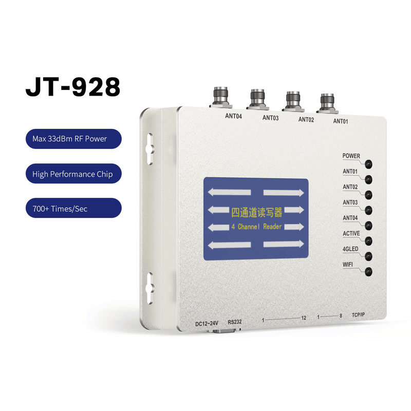 ภาพที่ 3: ภาพด้านหน้าของเครื่องอ่าน UHF RFID อุตสาหกรรมสี่พอร์ตเสาอากาศ JT-928 โดยเน้นโครงสร้างเสาอากาศและชิปภายใน ในลักษณะติดตั้งกับชิ้นงาน.