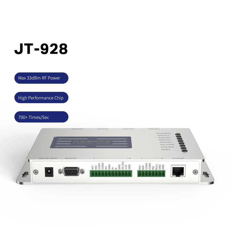 ภาพที่ 6: ภาพนี้แสดงเครื่องอ่าน UHF RFID อุตสาหกรรมสี่พอร์ตเสาอากาศ JT-928 RS232 โดยเน้นพอร์ตและการเชื่อมต่อข้อมูล ในลักษณะติดตั้งกับชิ้นงาน.