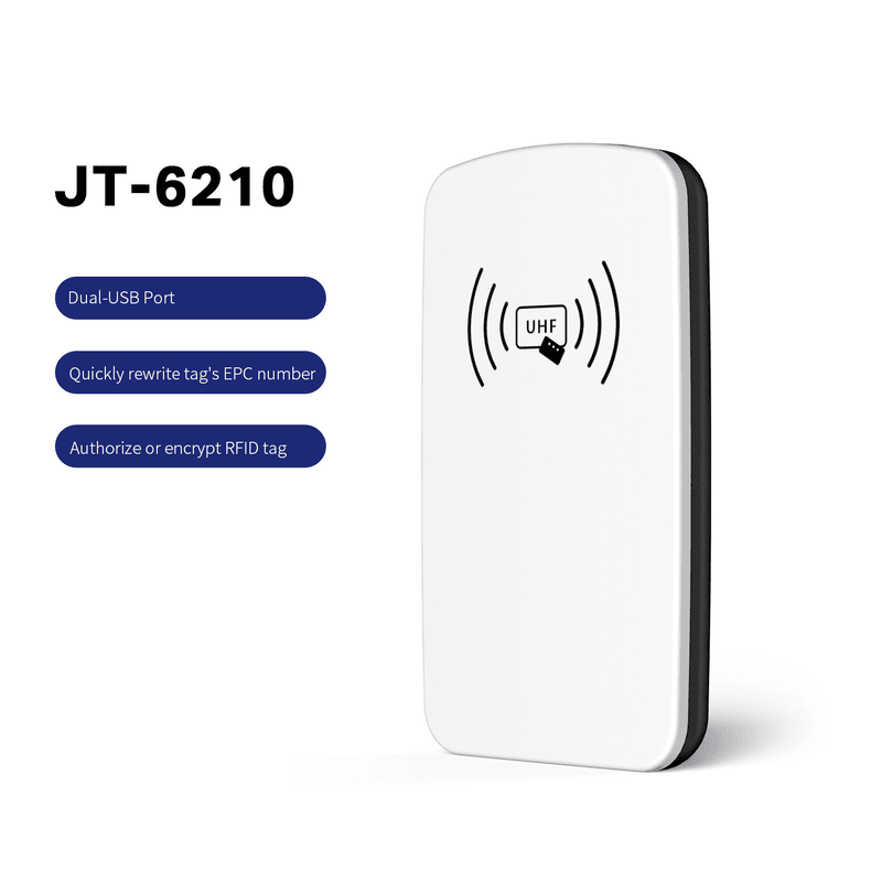 ภาพที่ 3: ภาพด้านข้างของเครื่องอ่านเขียนบัตร UHF RFID แบบตั้งโต๊ะผ่าน USB JT-6210 28mm ABS โดยเน้นสีขาว วัสดุ ABS โครงสร้างแข็งแรงทนทาน ขนาดกะทัดรัด และขนาดและสัดส่วนที่ระบุชัดเจน.
