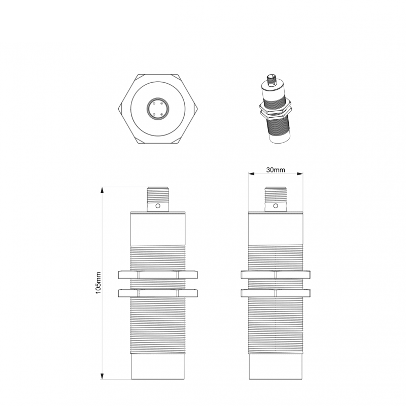 ภาพที่ 5: ภาพแผนผังทางเทคนิคของเครื่องอ่าน UHF ระยะสั้น IP67 สำหรับควบคุมสายการผลิต JT-7300 105 30 โดยเน้นขนาดและสัดส่วนที่ระบุชัดเจน สำหรับงานอุตสาหกรรมและสายการผลิต.