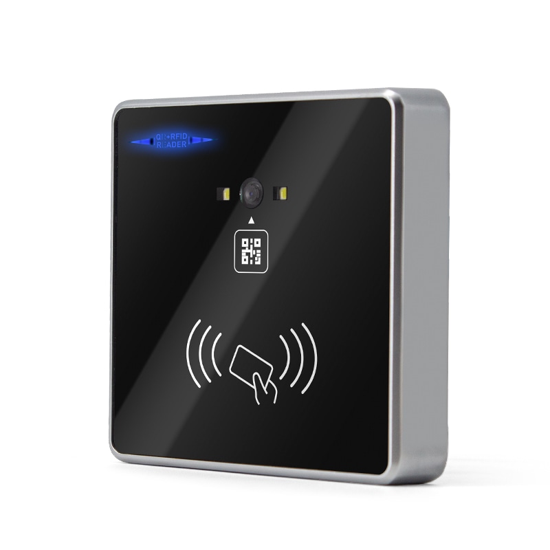ภาพที่ 2: ภาพนี้แสดงเครื่องสแกน RFID และ QR รหัส สั่งทำพร้อม Wiegand โดยเน้นโครงสร้างเสาอากาศและชิปภายใน และระบบบาร์โค้ดหรือ QR สำหรับสแกน.
