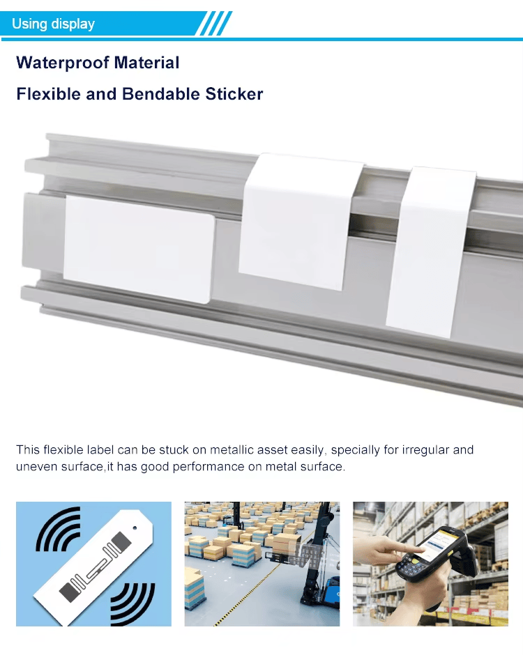 ภาพนี้แสดงให้เห็นฉลาก RFID UHF แบบยืดหยุ่นติดโลหะสำหรับการติดตามตู้คอนเทนเนอร์ที่มีการสลักโลโก้ สำหรับงานประยุกต์ใช้ฉลาก RFID UHF แบบยืดหยุ่นติดโลหะ