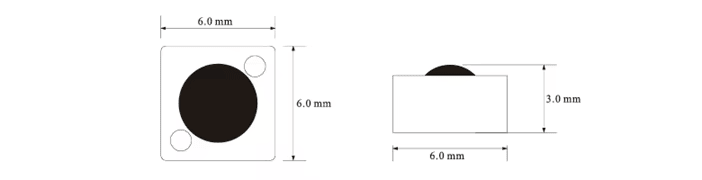ภาพวาดแสดงขนาดของแท็ก RFID PCB บนโลหะรุ่น P0606-1 ทั้งโครงร่างและความหนาสำหรับการอ้างอิงทางวิศวกรรมและการวางแผนติดตั้ง