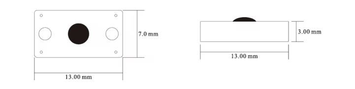 ภาพวาดขนาดแสดงโครงร่างของแท็ก RFID แบบ PCB สำหรับติดบนโลหะ P1307-1 โดยมีความยาว 13 มม. ความกว้าง 7 มม. และความหนา 3 มม.