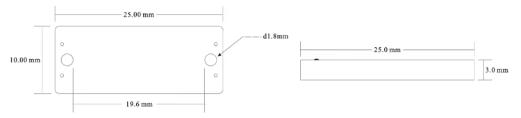แบบทางเทคนิคของแท็ก RFID รุ่น P2510-2 แสดงความยาว ความกว้าง และระยะห่างของรูอย่างแม่นยำ