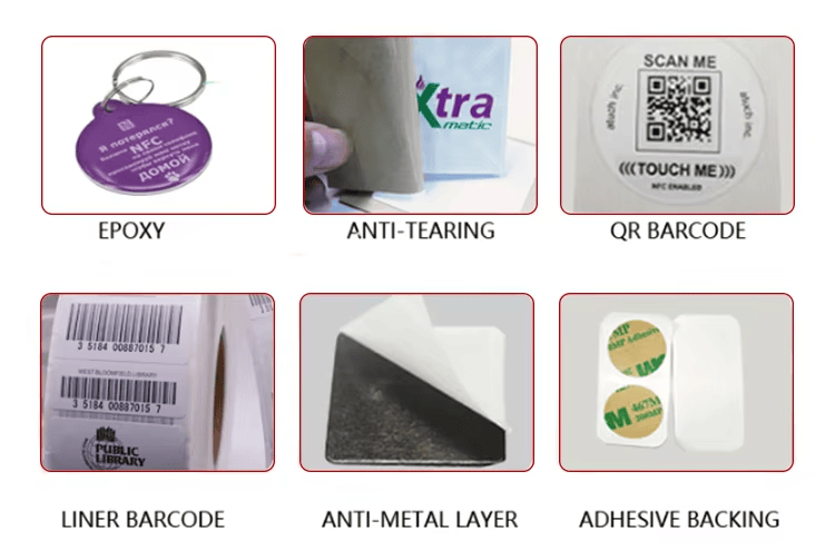 สติกเกอร์ NFC NTAG216 สำหรับการแตะที่ทนทาน จัดแสดงโดยเน้นการจัดวางเสาอากาศสำหรับโครงการสติกเกอร์ NFC เคลือบอีพ็อกซี่