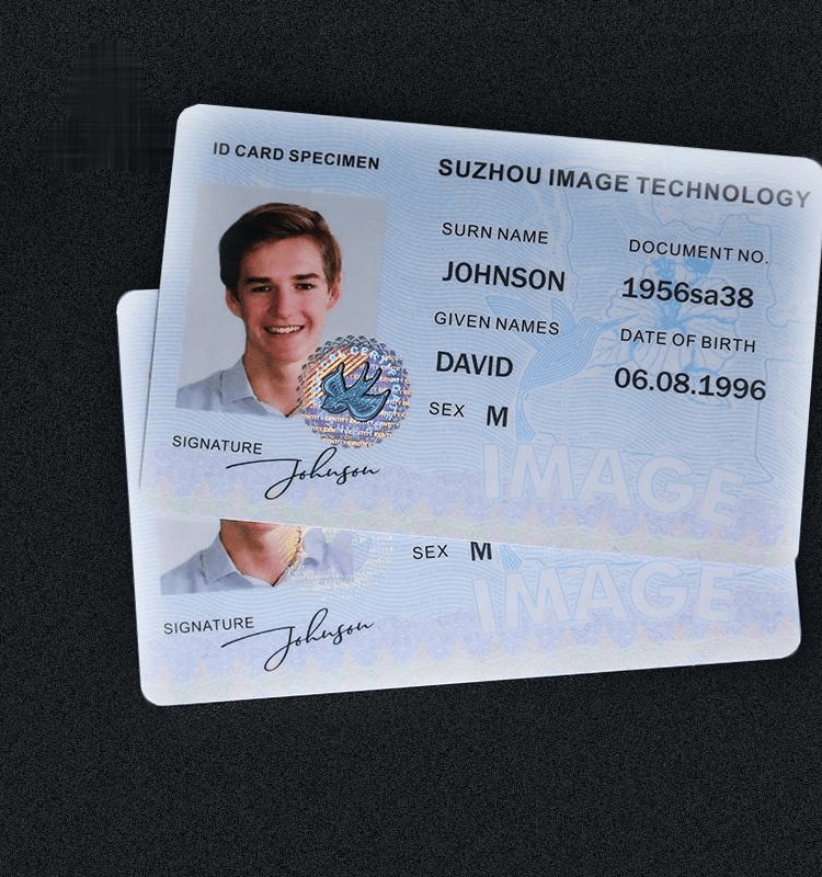 ตัวอย่างบัตรประจำตัวความปลอดภัยแบบโฮโลแกรมพร้อมช่องข้อมูลรูปถ่ายและชั้นโฮโลแกรมเพื่อป้องการการทำซ้ำและการฉ้อโกงทางตัวตน