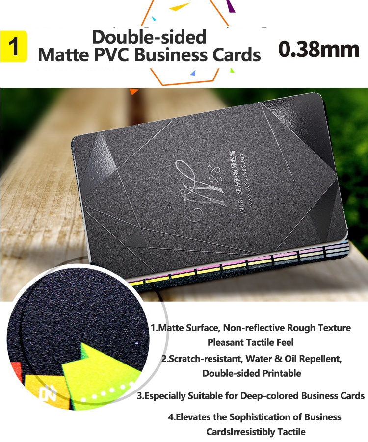 กราฟิกคุณสมบัติแสดงบัตรนามบัตร PVC ด้านสองหน้าพร้อมพื้นผิวแบบผิวด้านสำหรับความทนทานต่อรอยขีดข่วนและการจับถือที่สบายมือ