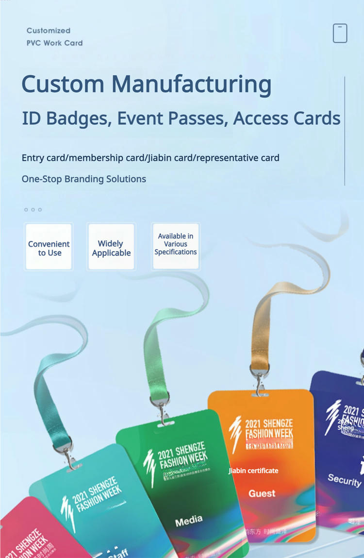 ป้ายชื่อประจำตัวแบบสั่งทำ บัตรผ่านงานอีเวนต์ และบัตรเข้าออกที่นำเสนอโดยเน้นการสั่งซื้อจำนวนมากสำหรับโครงการบัตรพลาสติก