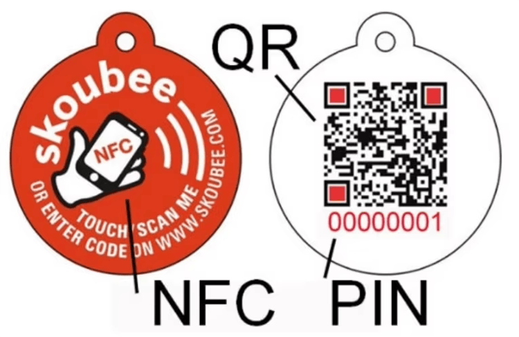 ภาพนี้แสดงด้านหน้าและด้านหลังของแท็ก RFID สำหรับระบุตัวตนสัตว์เลี้ยง เพื่อเน้นพื้นที่ที่สามารถพิมพ์ได้และโครงสร้างแท็กทรงกลม