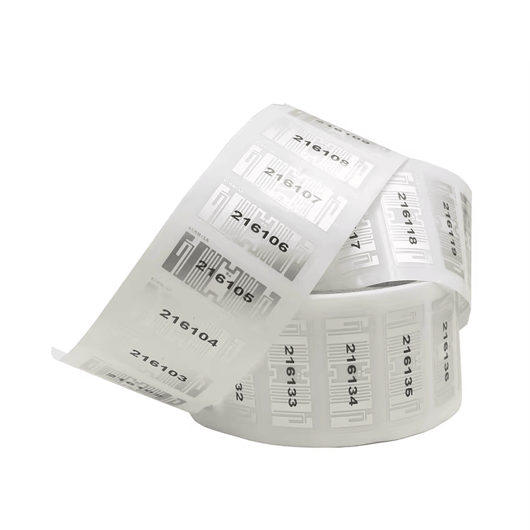 ฉลากทรัพย์สิน UHF RFID กระดาษเคลือบพิมพ์สีแสดงรายละเอียดชิปสำหรับผู้ซื้อที่กำลังเปรียบเทียบโซลูชันฉลาก UHF RFID.