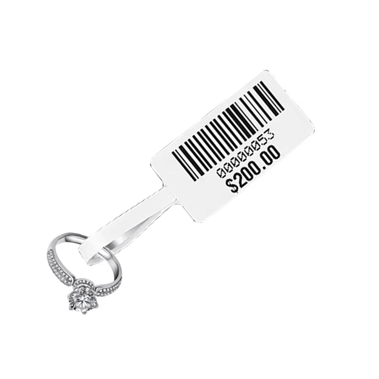ฉลาก RFID สำหรับเครื่องประดับแบบเอียงที่พิมพ์บาร์โค้ดและราคาแสดงอยู่บนแหวน สำหรับใช้ในการติดตามสินค้าคงคลัง