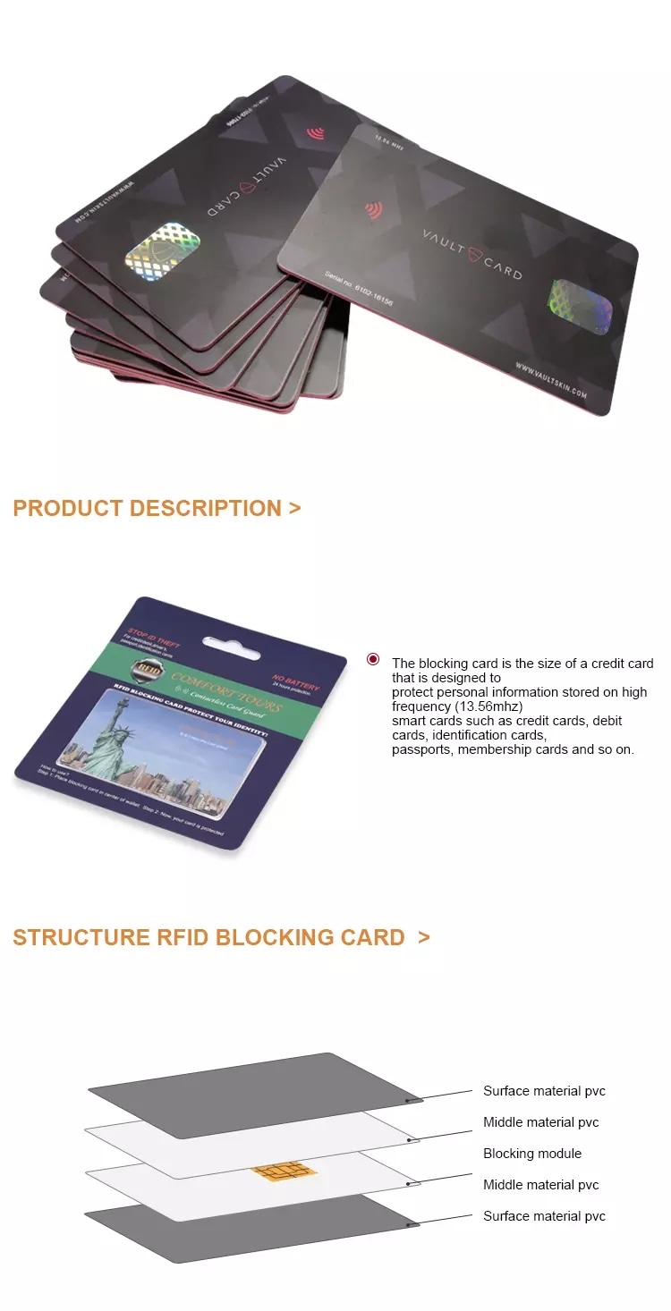 กราฟิกแสดงบัตร RFID blocking สไตล์ Vault บัตร พร้อมบรรจุภัณฑ์สำหรับขายปลีก และแผนภาพโครงสร้างแบบชั้นที่รวมโมดูล blocking
