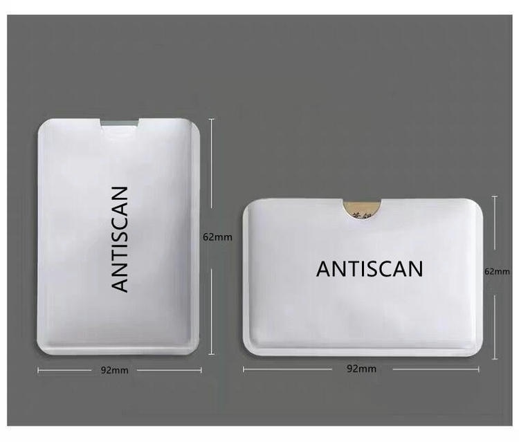 ภาพที่ 3: ภาพนี้แสดงซองบัตรกัน RFID ชั้น PET และฟอยล์อะลูมิเนียม ANTISCAN 92mm 62mm โดยเน้นสีขาว และขนาดและสัดส่วนที่ระบุชัดเจน.