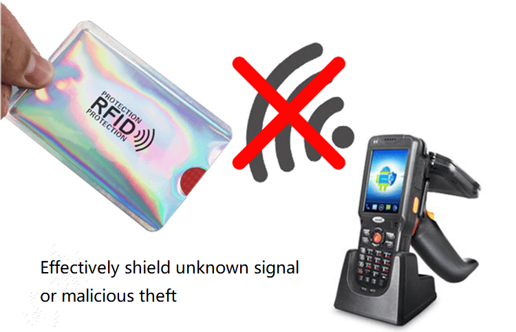 ปลอกกันสัญญาณ RFID สำหรับกระเป๋าสตางค์แบบบางแบบโฮโลแกรมแสดงการบล็อกสัญญาณจากเครื่องอ่านแบบมือถือ เพื่อแสดงให้เห็นถึงการป้องกันการโจรกรรม