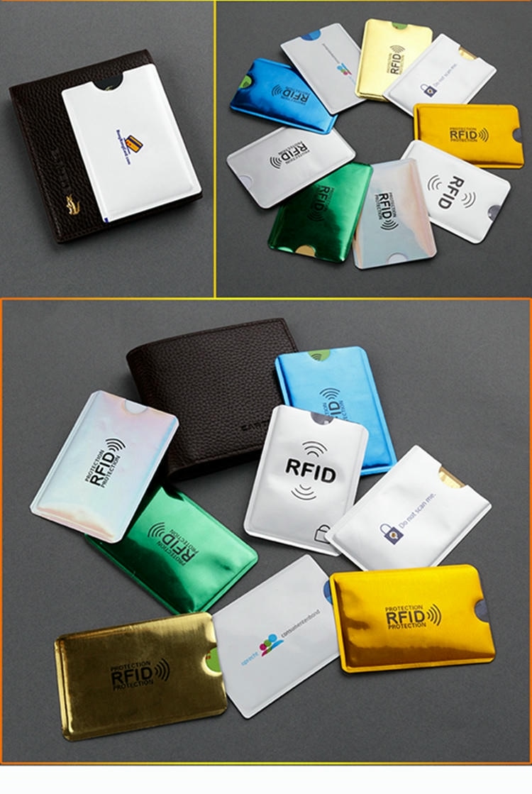 ภาพคอลลาจแสดงซองกันสัญญาณ RFID โลหะพร้อมกระเป๋าสตางค์เพื่อสาธิตการปกป้องกระเป๋าเดินทางและความหลากหลายของสี