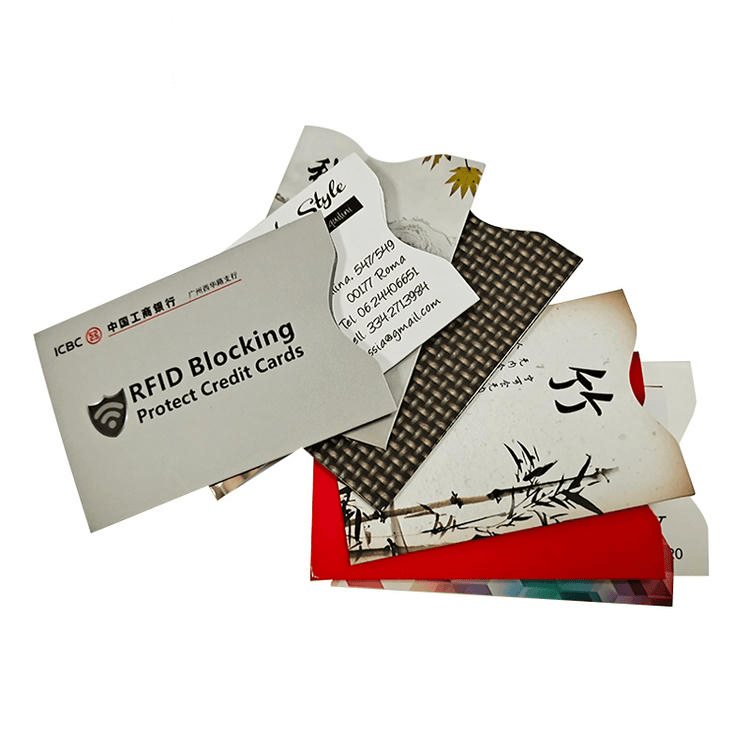 ซองกันสัญญาณ RFID พิมพ์สั่งทำวางซ้อนกันเป็นชั้นเพื่อเปรียบเทียบลายสำหรับคำสั่งซื้อด้านความปลอดภัยกระเป๋าเดินทางและการสร้างแบรนด์