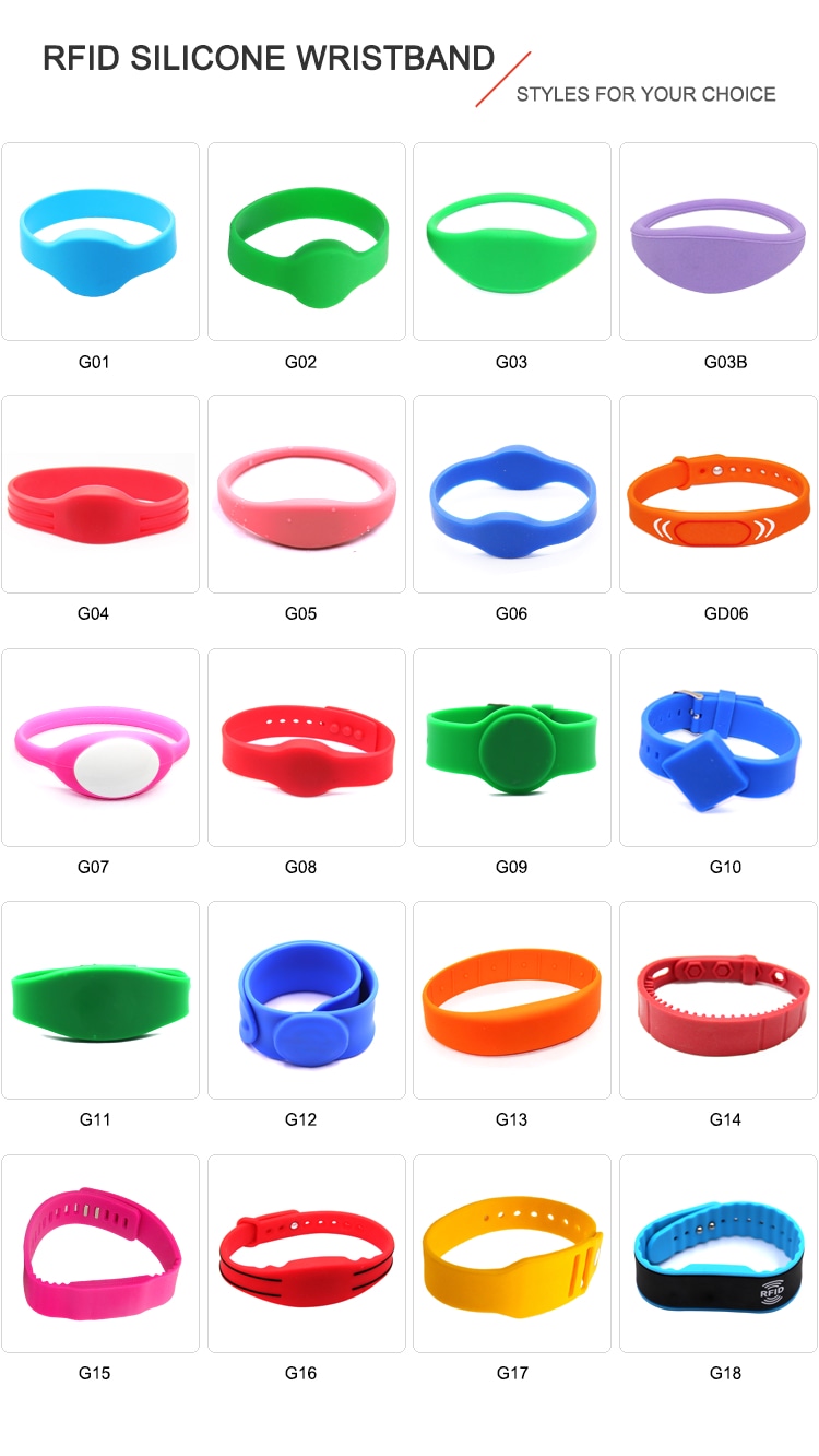 แผนภาพนี้แสดงขนาดของสายรัดข้อมือ RFID รุ่น G16 และวิธีที่สายซิลิโคนแบบสองสีสามารถปรับแต่งให้เหมาะกับขนาดข้อมือที่แตกต่างกัน
