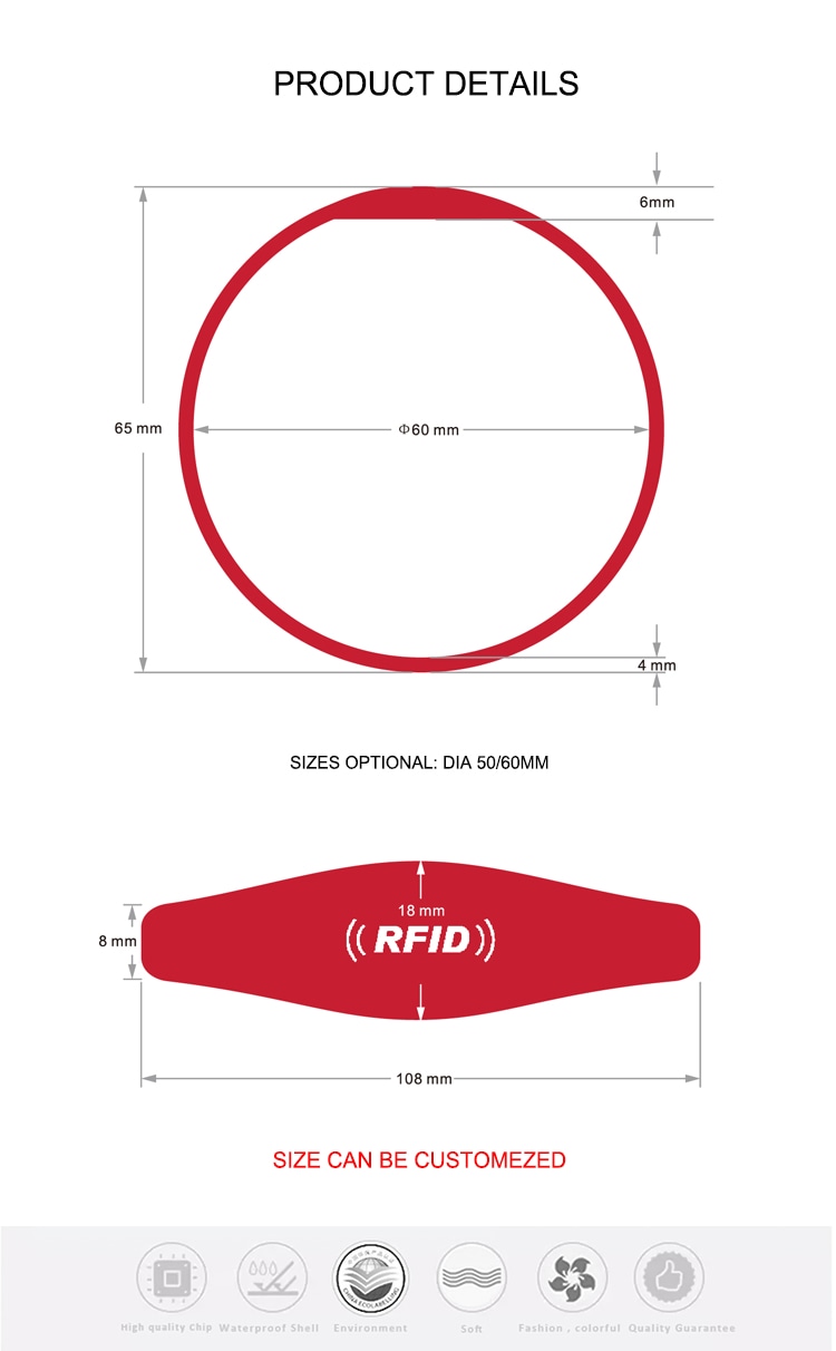แบบร่างขนาด สายรัดข้อมือ RFID ซิลิโคน G05 แสดงตัวเลือกเส้นผ่านศูนย์กลางและขนาดสำคัญสำหรับการเลือกแบบพอดีในคำสั่งซื้อขายส่ง