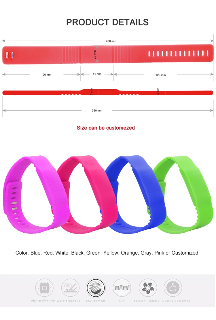 แผนภาพขนาดสายรัดข้อมือ RFID ซิลิโคนรุ่น G15 ที่แสดงความยาวสายและขนาดสำคัญสำหรับขนาดข้อมือที่ปรับแต่ง