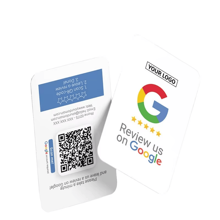 ภาพที่ 2: ภาพนี้แสดงการ์ดแตะ Google รีวิว สำหรับรับความคิดเห็นรวดเร็ว PVC โดยเน้นวัสดุ PVC พื้นที่สำหรับโลโก้และแบรนด์สั่งทำ และการรวบรวมคะแนนรีวิวและความคิดเห็น.