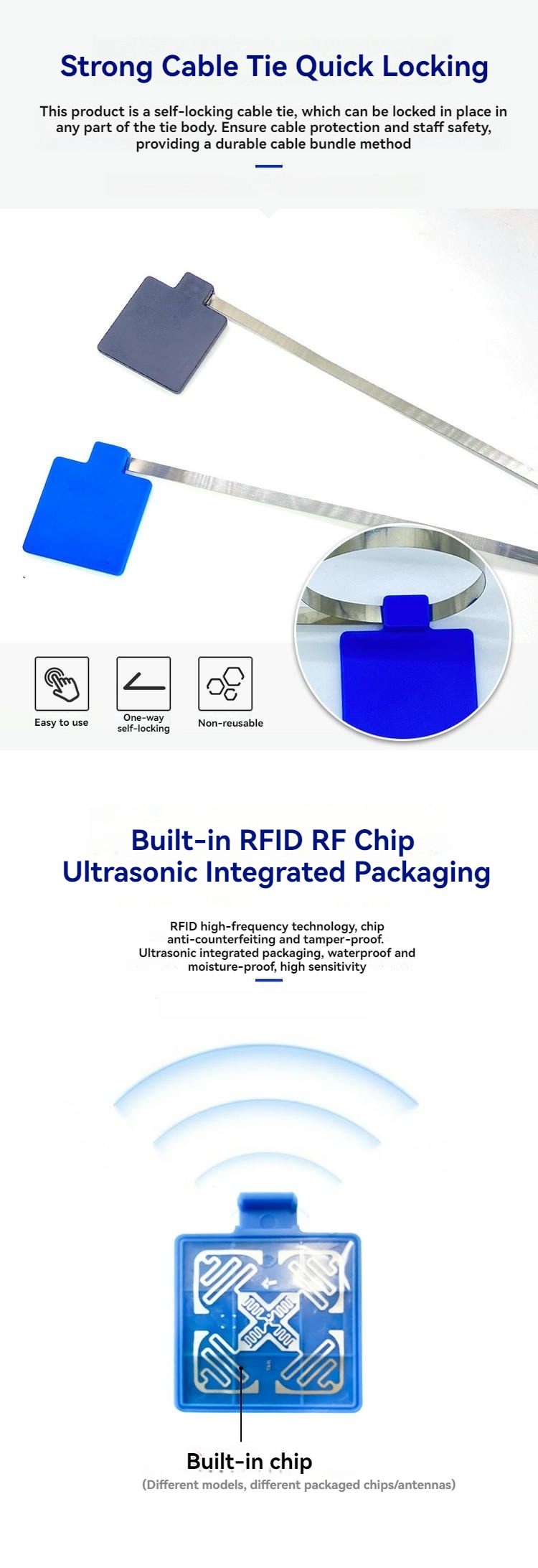 ภาพสินค้า RFID Zip Tie แท็ก แบบใช้ซ้ำได้สำหรับ อุตสาหกรรม Cable ID แสดงการติดตั้งบนพื้นผิวโลหะในหมวดหมู่ RFID Cable Tie แท็ก