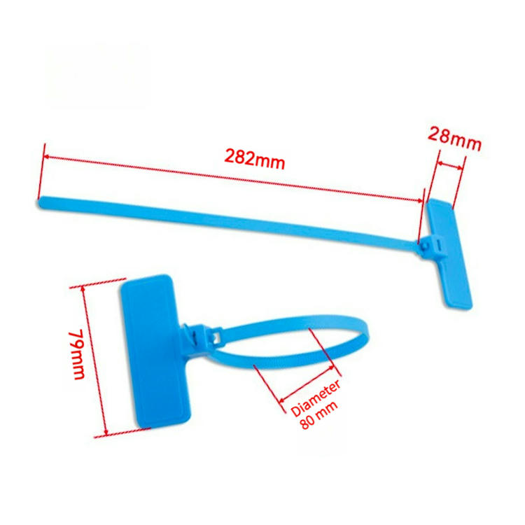 ภาพกราฟิกแสดงขนาดของ RFID zip tie แท็ก รุ่น Z31079-1 สีน้ำเงิน พร้อมป้ายระบุความยาวสายรัดและเส้นผ่านศูนย์กลางห่วงเพื่อใช้อ้างอิงในการติดตั้ง
