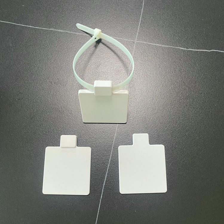 ภาพบนพื้นผิวมืดแสดง RFID zip tie แท็ก รุ่น Z5555-1 ประกอบที่ด้านบนพร้อมตัวแท็กแบนสองชิ้นด้านล่างเป็นแนวสายรัดที่เรียบร้อย