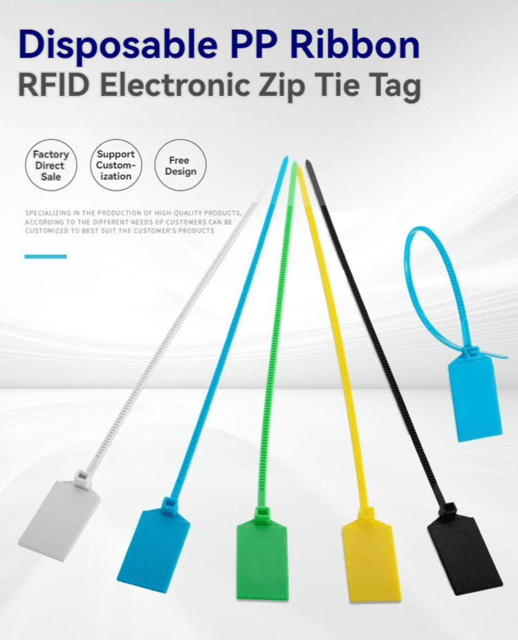 เลย์เอาต์ทางการตลาดของแท็กเคเบิลไทร์ RFID รุ่น Z32827-1 แสดงให้เห็นห้าสีและเน้นการปรับแต่งโดยตรงจากโรงงาน