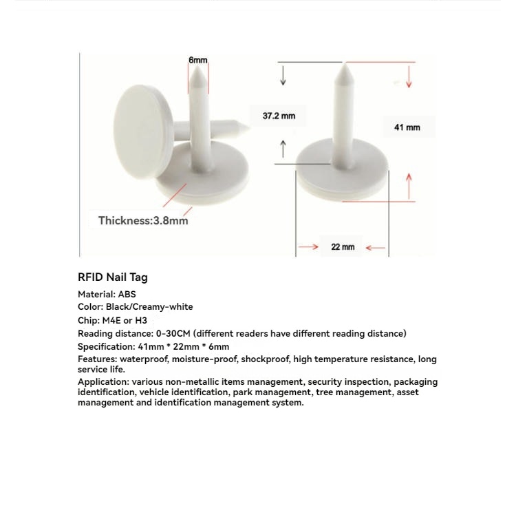 ภาพนี้แสดง RFID nail แท็ก พร้อมเครื่องหมายขนาดและรายละเอียดผลิตภัณฑ์สำหรับอ้างอิงขนาด วัสดุ และการใช้งาน