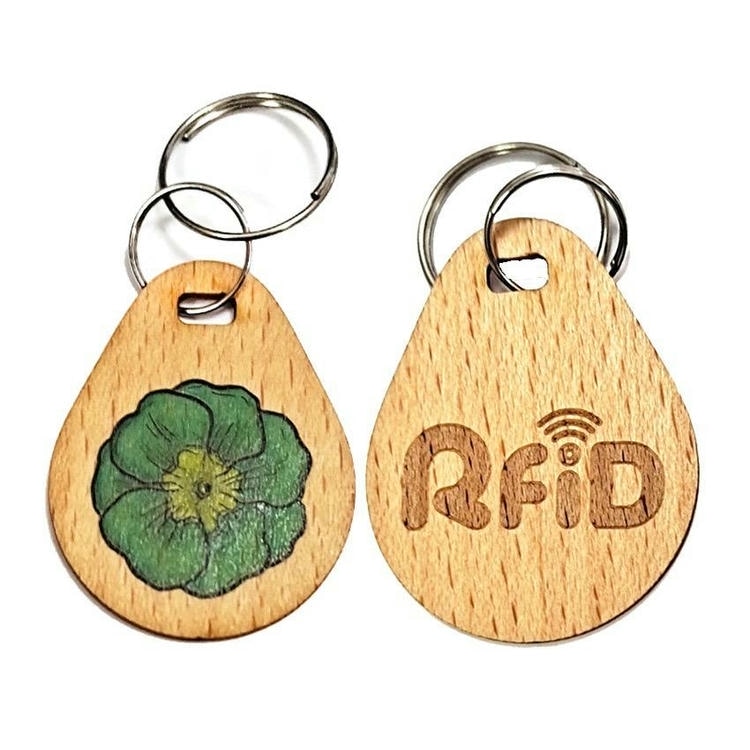 ภาพที่ 7: ภาพนี้แสดงพวงกุญแจ RFID ไม้สำหรับศูนย์สุขภาพ สปาและโยคะ โดยเน้นสีเขียว ไม้ธรรมชาติ รายละเอียดโลโก้หรือข้อความแบบพิเศษ และขนาดและสัดส่วนที่ระบุชัดเจน.
