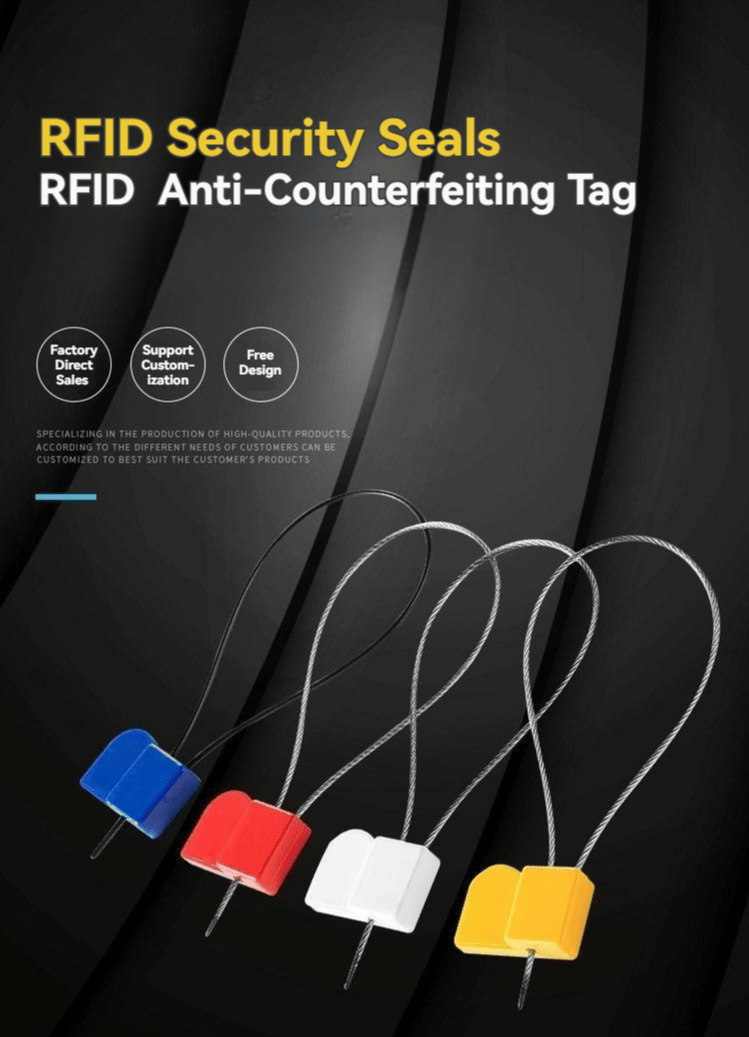 โปสเตอร์ผลิตภัณฑ์โทนเข้มนำเสนอซีลรักษาความปลอดภัย RFID รุ่น SS3623-1 จำนวนสี่ชิ้น พร้อมสายห่วงและข้อความการปรับแต่งจากโรงงาน