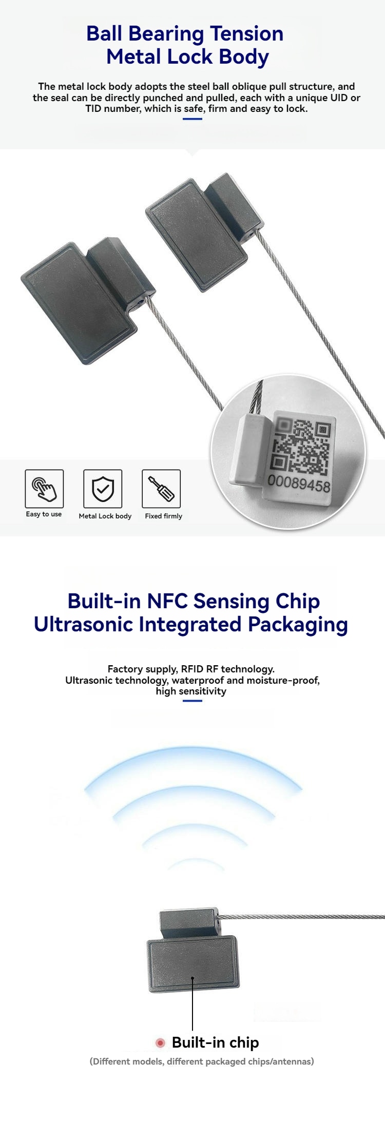 ภาพสินค้าซีลนิรภัย RFID ชนิดงานหนักพร้อมสายเคเบิลโลหะ มุมมองโลโก้สลักที่ชัดเจน สำหรับงานประยุกต์ใช้ซีลนิรภัย RFID