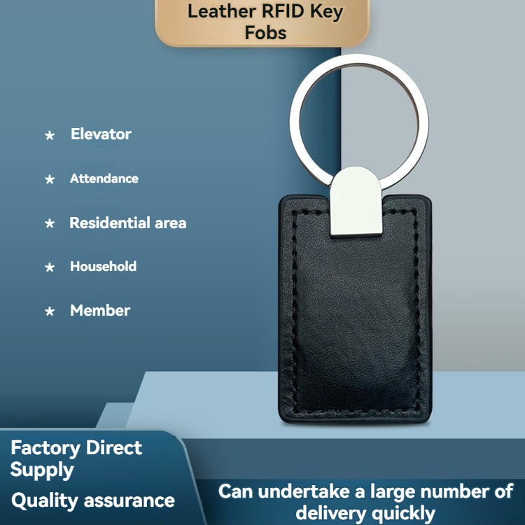 3) ภาพนี้แสดงพวงกุญแจ RFID หนังสั่งทำสำหรับสมาชิกและเข้าออก โดยเน้นโลหะ หนัง และโครงสร้างที่แข็งแรงทนทาน.