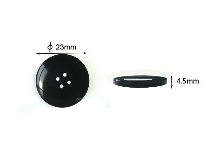 แผนภาพขนาดแสดงแท็กปุ่ม RFID สำหรับเสื้อผ้า RCT23-1 โดยมีมุมมองด้านหน้าเส้นผ่านศูนย์กลาง 23 มม. และมุมมองด้านข้างความหนา 4.5 มม.