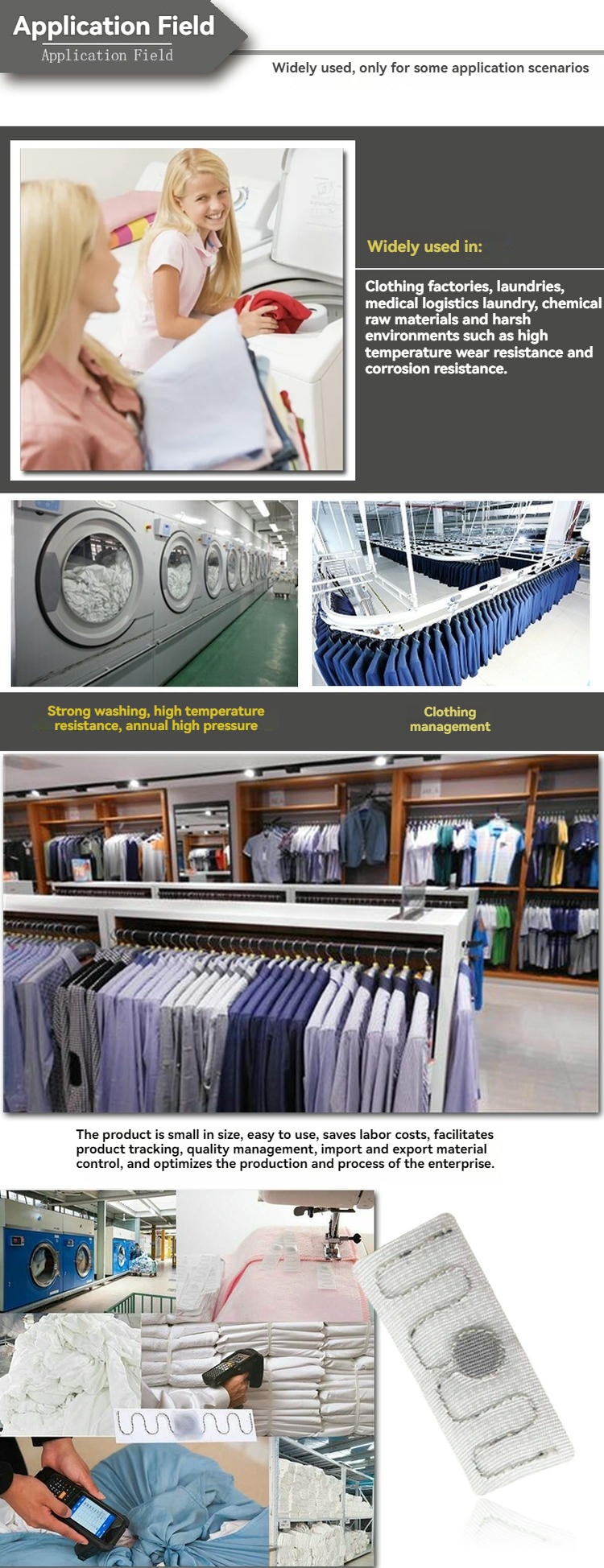 บอร์ดแสดงขอบเขตการใช้งานแสดงปุ่ม RFID แท็ก รุ่น RCT23-2 สีขาวที่ใช้ในงานซักรีด โรงงานตัดเย็บเสื้อผ้า และการบริหารจัดการเครื่องแต่งกาย