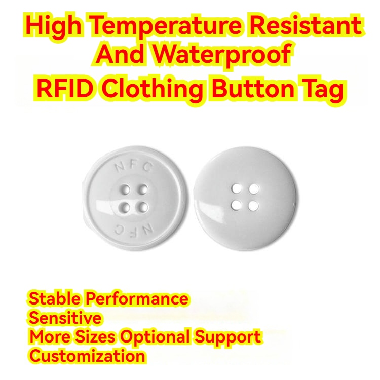 ภาพกราฟิกด้านประสิทธิภาพแสดงให้เห็นแท็กติดเสื้อผ้า RFID รุ่น RCT23-2 สีขาวว่าเป็นแท็กเสื้อผ้าที่ทนอุณหภูมิสูงและกันน้ำได้