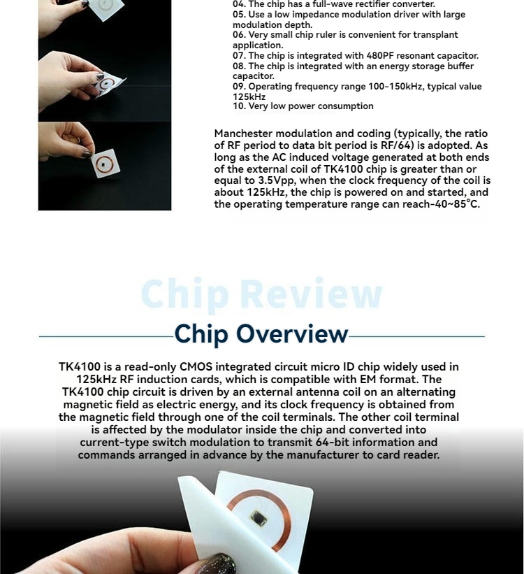 หน้าภาพรวมชิปแสดงตัวอย่างฉลาก RFID LF แบบถือข้างข้อความทางเทคนิคที่อธิบายหลักการทำงานของชิป